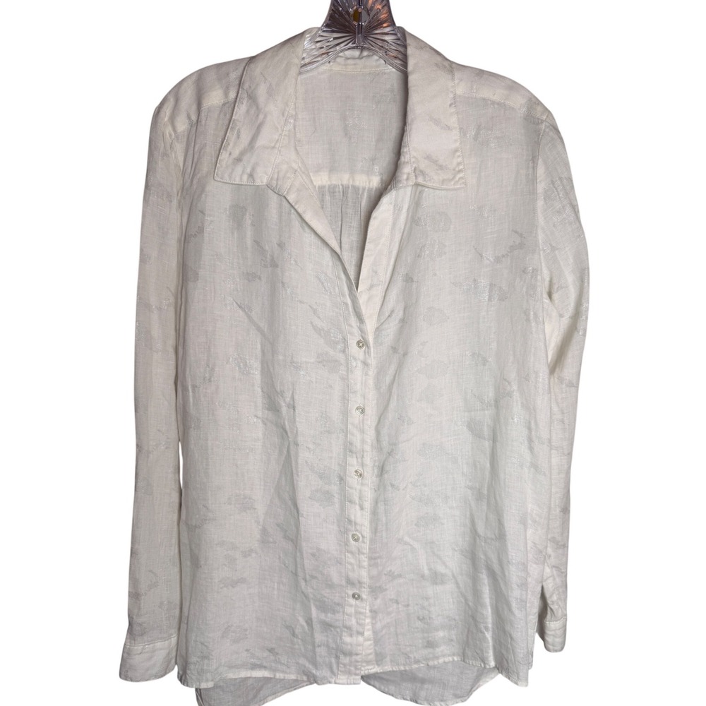 Women's 100% Linen White Button Front Blouse Metallic Silver Floral Print Size L - Picture 2 of 8